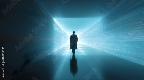 Fototapeta Silhouette walking into bright light, abstract tunnel. Mystery, hope, and transition are the keywords. A man in a coat goes into the light.