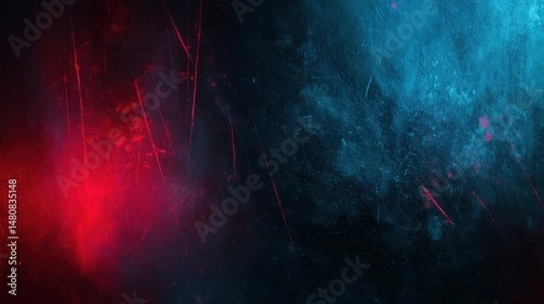 Fototapeta Ultra quality image of dark background with a blue-ish glow and red scratches or light leaks.