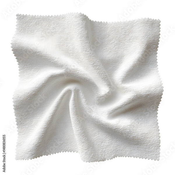 Fototapeta A single crumpled white microfiber cloth for cleaning, isolated on a white background. Top view of the soft textured fabric.