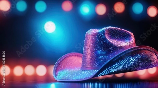 Fototapeta Illuminated cowboy hat shines with dazzling light and color