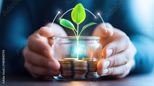 Obraz Hands protect coins in jar sprouting a plant upwards
