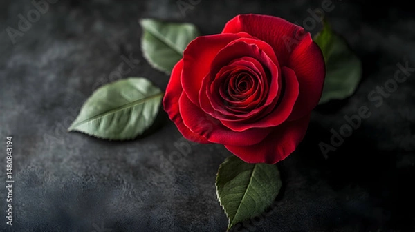 Obraz A single, deep red rose with lush green leaves rests on a dark gray background