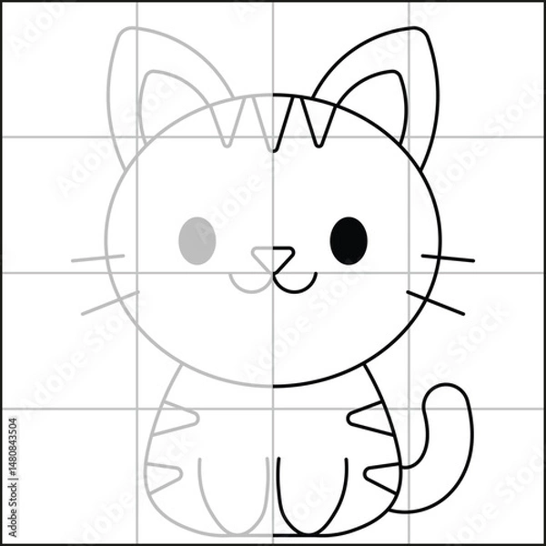 Fototapeta cute and simple cat drawing sketch with grid to learn how to draw for kids with gray trace drawing