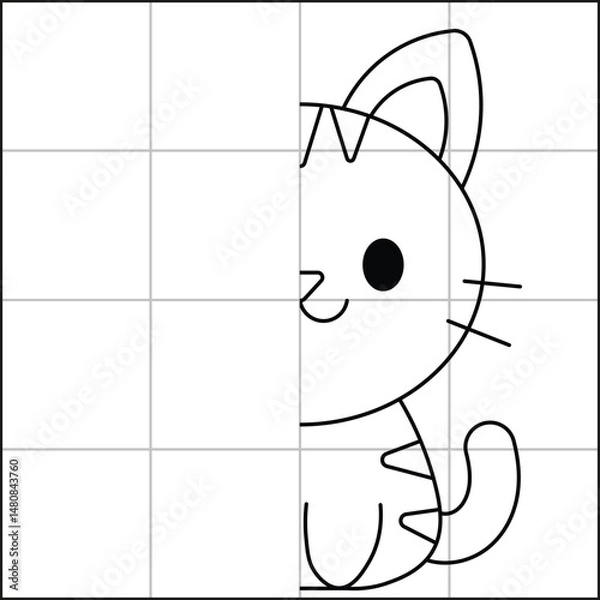 Fototapeta cute and simple cat drawing sketch with grid to learn how to draw for kids