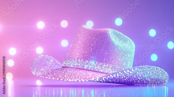 Obraz Shimmering cowboy hat sparkling against a dreamy pink and purple background