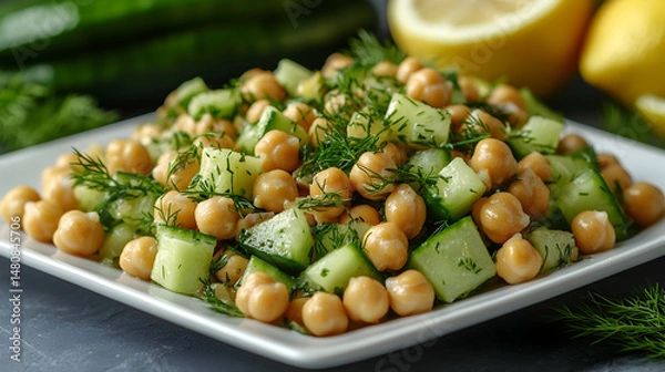 Obraz Refreshing chickpea and cucumber salad with dill