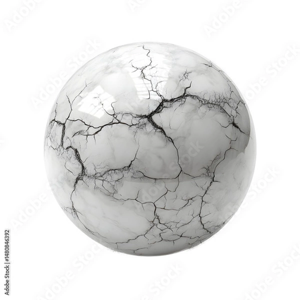 Fototapeta Isolated glossy white sphere with a fractured surface covered in a network of dark cracks, symbolizing fragility and age