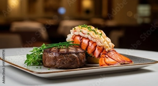 Fototapeta Grilled Steak and Lobster Tail Dinner - Delicious grilled steak and lobster tail served on a plate, garnished with herbs. Perfect for a fine dining experience