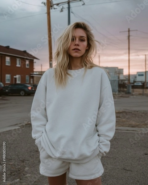 Fototapeta Female Model Standing in Oversized Basic Sweatshirt in Outdoor Urban Setting During Sunset, Capturing Fashion and Relaxed Style