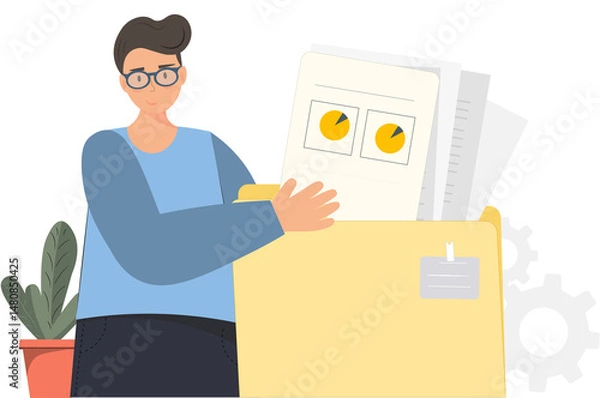 Fototapeta Man managing document, find, search information in the folders on plain backgroung