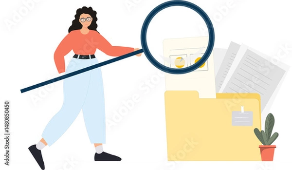 Fototapeta Person searching information in file folder with magnifier glass, manager work