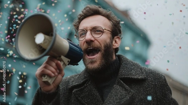 Fototapeta Man Shouting Through Megaphone Surrounded by Colorful Confetti Explosion in Urban Setting Capturing Vibrant Energy and Enthusiasm