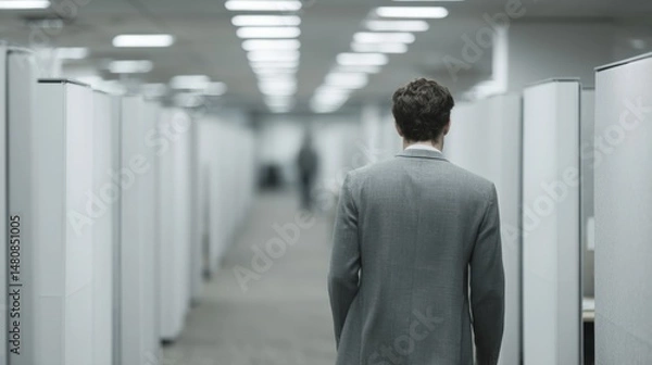 Fototapeta Man with Slumped Shoulders Walking Through Empty Office Cubicles Reflecting Feelings of Isolation and Disconnection in a Corporate Environment