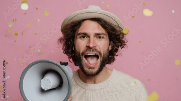 Fototapeta Man Shouting Through Megaphone Surrounded by Colorful Confetti Explosion Against Pink Background, Expressing Excitement and Celebration