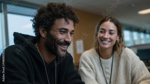Fototapeta Collaborative Interaction Between a Middle Eastern Man and a White Woman in a Modern Workspace Setting