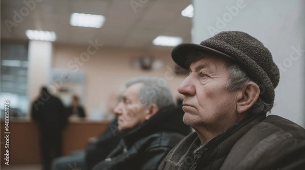 Fototapeta Elderly Men Sitting Silently in Public Assistance Office, Reflecting on Life While Waiting for Service in Busy Environment
