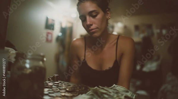 Fototapeta Woman Counting Coins in a Dimly Lit Apartment Reflecting Financial Struggles and Personal Challenges with Money Management at Home