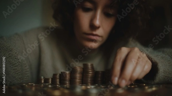 Fototapeta Woman Counting Coins in Dimly Lit Apartment, Reflecting on Financial Situation and Future Savings