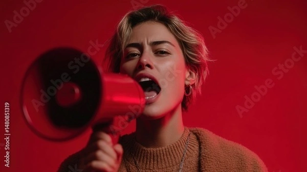 Fototapeta Woman Holding Red Megaphone in Studio with Dramatic Lighting, Conveying Passionate Message and Strong Emotions for Impactful Communication