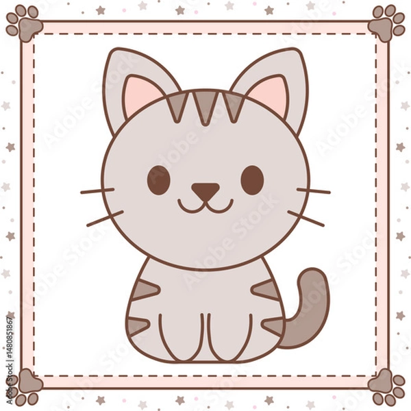 Fototapeta cute cat drawing with pastel colors and with cute cat feet print frame