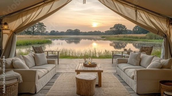 Fototapeta Serene sunrise view from safari camp