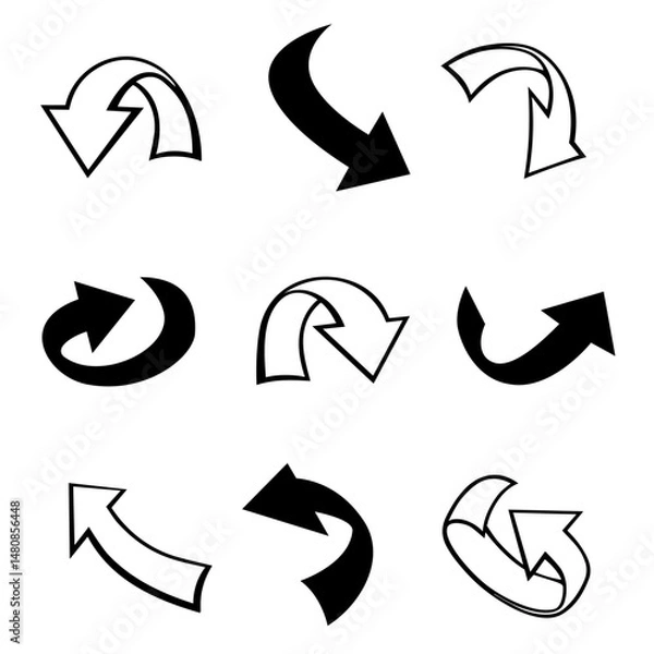 Obraz Arrow pointers outline and flat design icon set isolated on white background. Navigation interface sign symbol collection