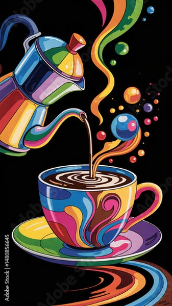 Obraz artistic coffee cup and coffee pot illustration with swirling vibrant colors on a black background
