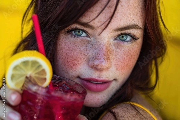Fototapeta Joyful Girl with Freckles Enjoying a Refreshing Raspberry Drink in a Playful Summer Mood, AI Generated