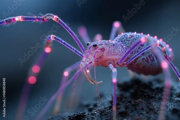Fototapeta Close-up of Harvestman Spider with Long Legs and Detailed Body Texture Standing on Grungy Surface