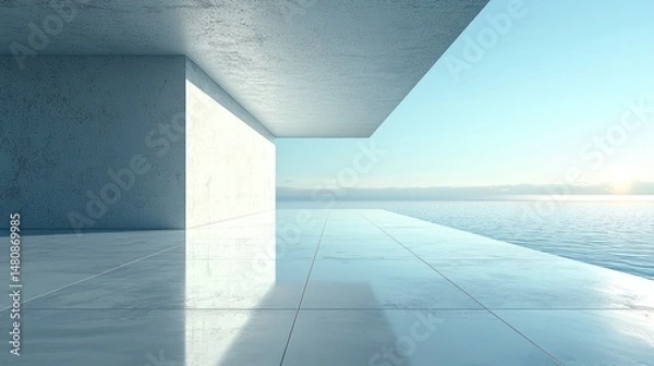 Obraz Minimalist architectural rendering of a seaside structure with sleek concrete and reflective marble flooring, offering expansive ocean views