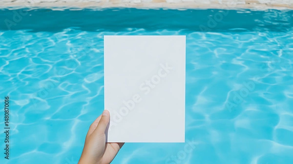 Fototapeta Hand holding blank card over shimmering blue water. Perfect for adding your text or design. Vacation vibes, sunny days, by the pool!