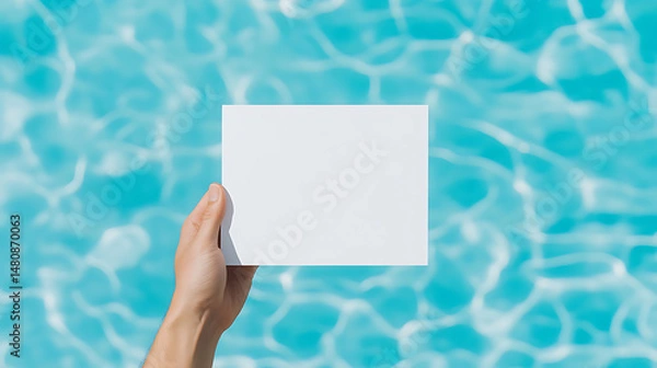 Fototapeta Person holding white card over shimmering water. Ideal for travel, vacation, or message promotion. Summer vibe with clear turquoise water background.
