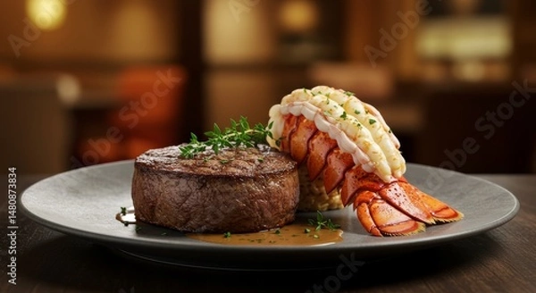 Fototapeta Surf and Turf Delight: Juicy Steak with Lobster Tail - Indulge in a luxurious dining experience. This showcases a succulent steak paired with a perfectly cooked lobster tail