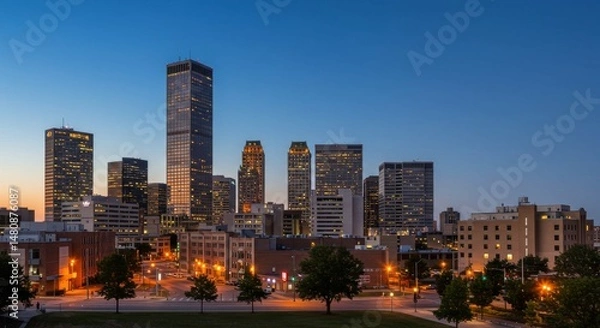 Fototapeta Tulsa Skyline: Dusk Hues and City Lights - Modern architecture, urban landscape, twilight glow, city growth, Oklahoma spirit. A captivating view of Tulsa's skyline as day transitions to night