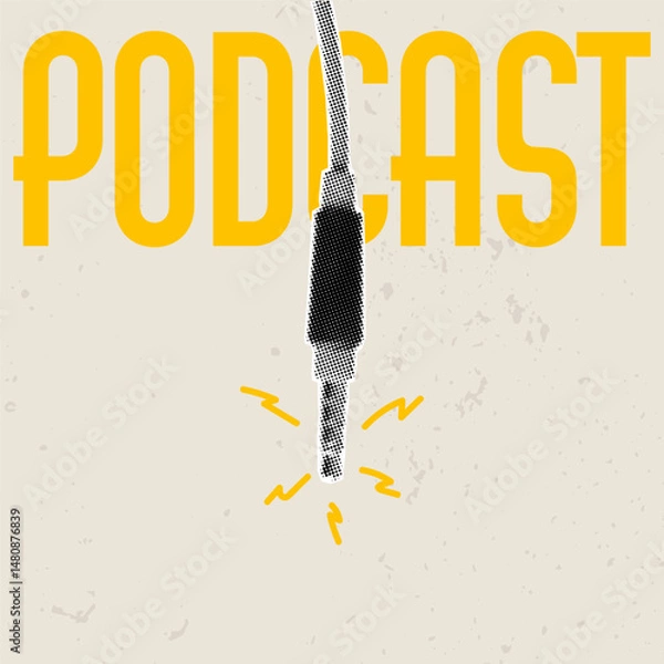 Fototapeta Retro halftone paper collage cover with podcast inscription and plug. Made for streaming visuals, online radio, blog headers or playlists.