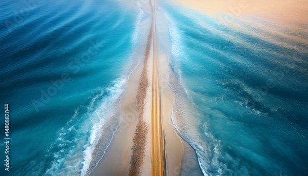 Fototapeta the beach between two blue seas, surreal abstract path concept
