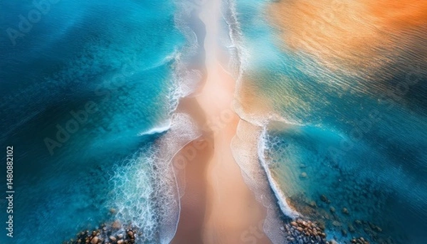 Fototapeta the beach between two blue seas, surreal abstract path concept
