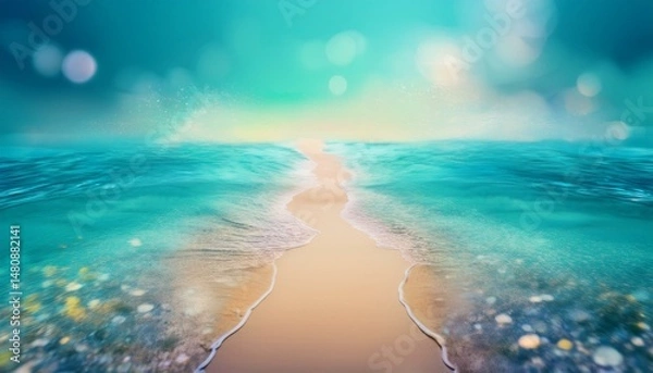 Fototapeta the beach between two blue seas, surreal abstract path concept