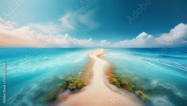 Fototapeta the beach between two blue seas, surreal abstract path concept