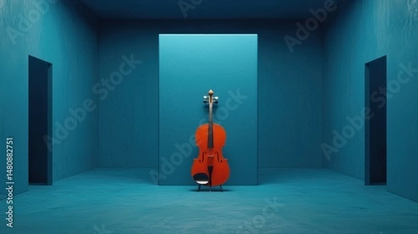 Obraz A red cello stands in a blue room, with a black floor and a white wall in the background.