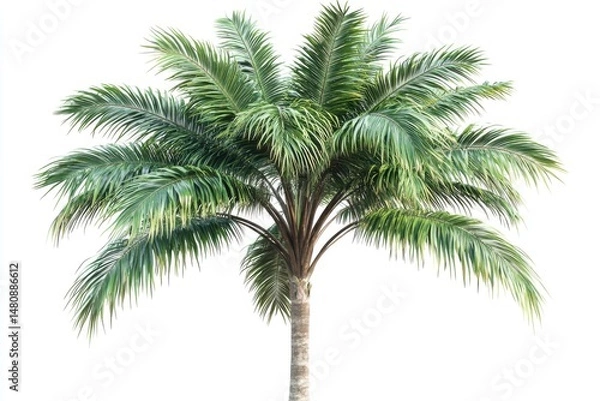 Fototapeta Isolated single palm tree with green fronds against white backdrop