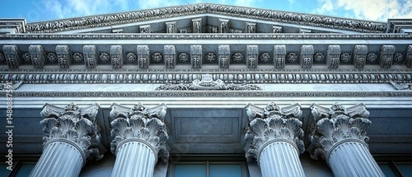 Obraz Majestic building facade, classical architecture. Intricate stone carvings, pillars, and a pediment create a sense of grandeur and timeless design