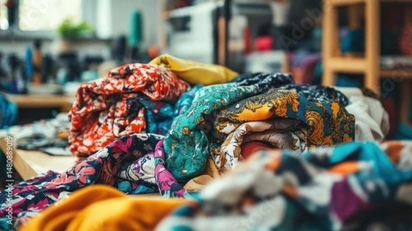 Fototapeta Colorful fabric pile textile patterns fashion design soft lighting workspace