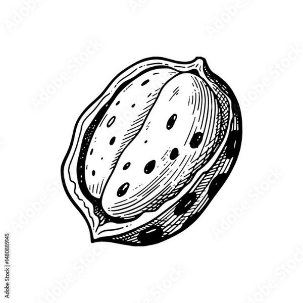 Fototapeta Pecan Nut Halved Detailed Hand-Drawn Botanical Illustration