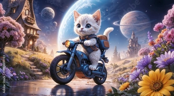Fototapeta cute cartoon kitten riding motorcycle in whimsical fantasy landscape with flowers and planets for use in children's illustrations, storybooks, or playful design projects