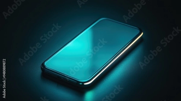 Fototapeta Sleek cyan smartphone with glowing edge dark background