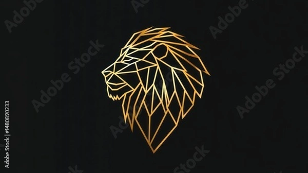 Fototapeta Geometric gold lion head profile on black background