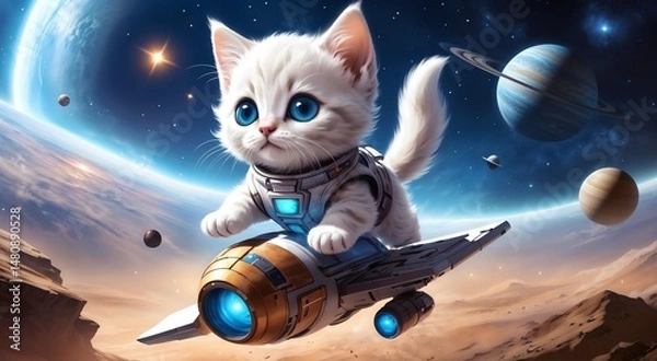 Fototapeta adorable white kitten in spacesuit piloting spacecraft in colorful outer space with planets and stars for use in children's sci fi illustrations, storybooks, or space themed design projects