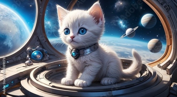 Fototapeta white kitten sitting inside spacecraft with planets and stars in space for use in children's space illustrations, sci fi art, or imaginative storybooks