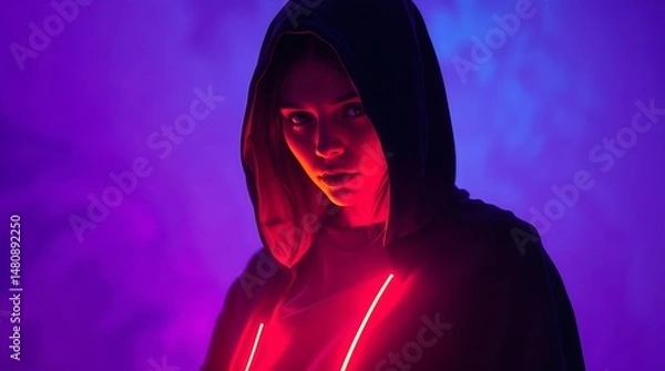 Fototapeta hooded figure illuminated by red and purple neon lights in futuristic dark setting for use in cyberpunk design concepts
